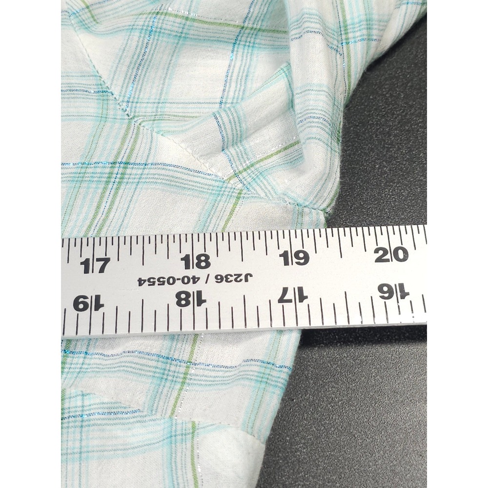 Vintage Y2K Aeropostale Western Pearl Snap Shimmer Plaid Shirt Teal White Medium - Picture 8 of 10